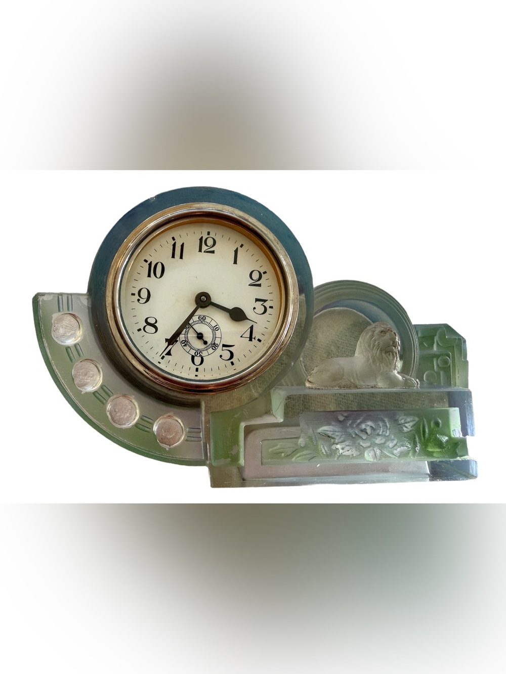 Vintage Art Deco Frosted Glass Lion Mantel Desk Clock Decor - Not Working